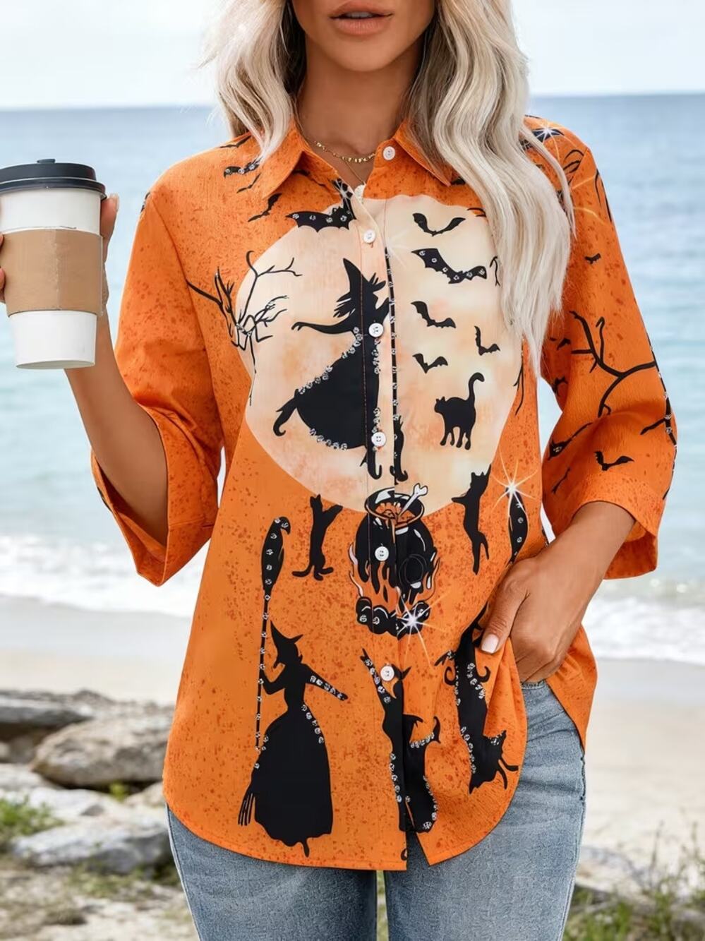 Women's Orange Blouse Top 2XL Halloween 3/4 Sleeve Button Ghost Plus New 2X